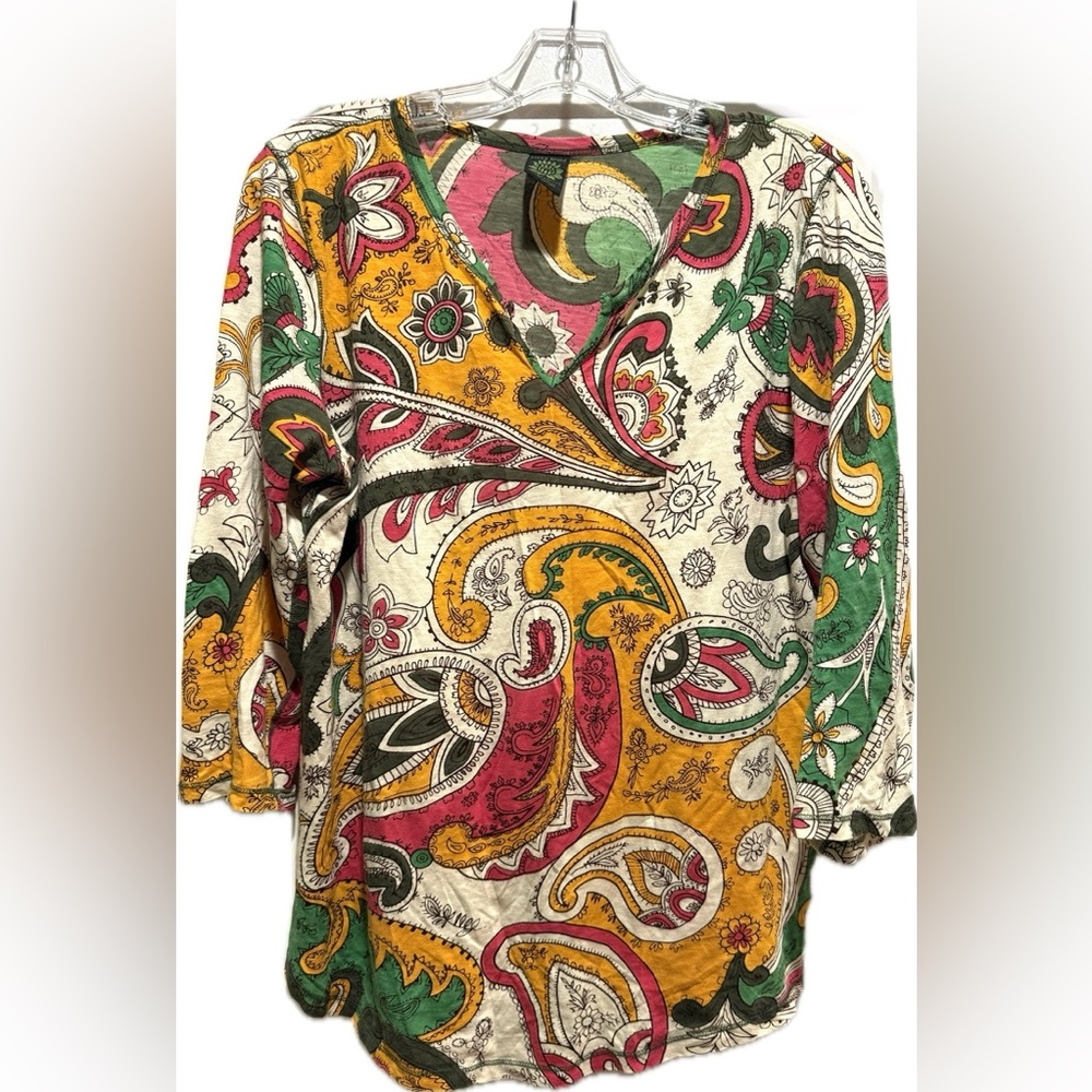 Lucky brand colorful paisley boho print cotton 3/4 sleeve tunic tee shirt XL